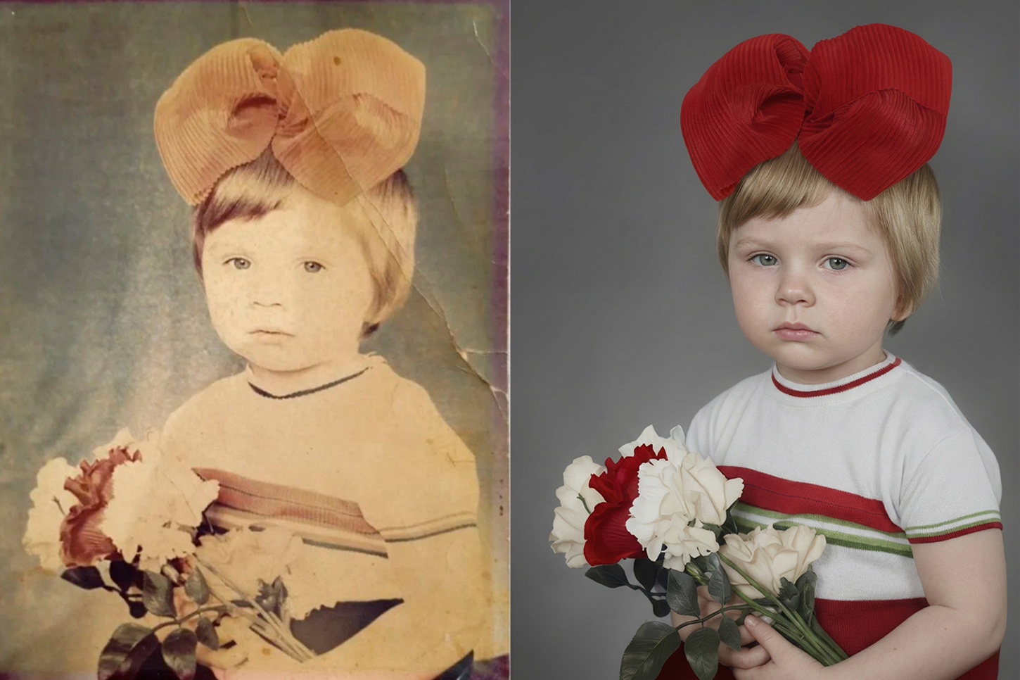 Колоризация и реставрация старого детского фото: портрет девочки с красным бантом до и после обработки, улучшение цвета и удаление заломов