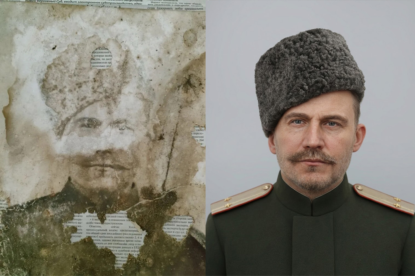 Глубокая реставрация сильно поврежденной исторической фотографии: восстановление лица и военной формы мужчины в папахе, удаление разрывов