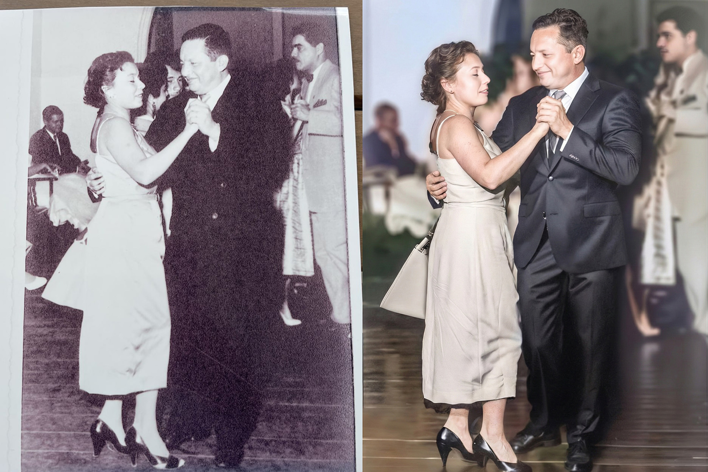 Раскрашивание и оживление черно-белой фотографии: реалистичная цветная колоризация старого снимка танцующей пары