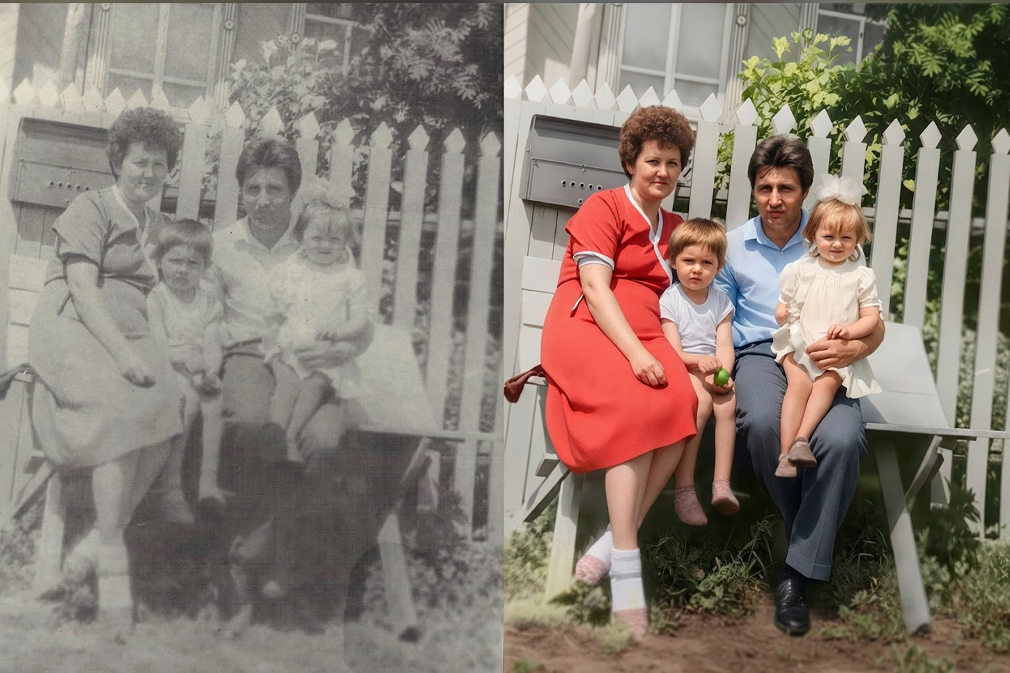 Комплексное восстановление и колоризация старого семейного архива: групповое фото семьи до и после перевода в цвет и улучшения качества